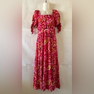 Marwa Fuchsia Pink Boho Maxi Dress Size S Puff Sleeve Square Neck Tiered Cottage